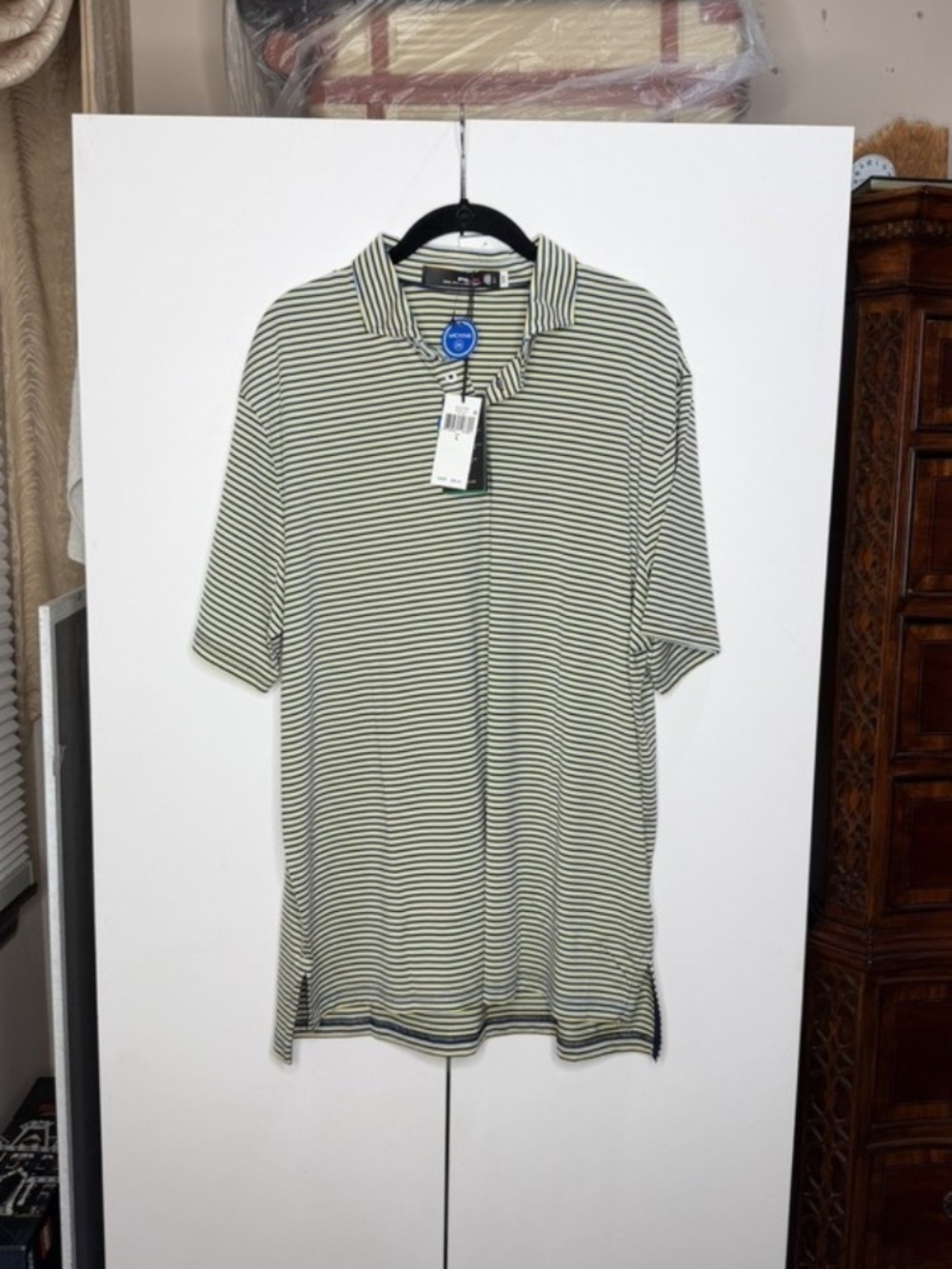 RLX Ralph Lauren Men's Yellow Blue Striped Short Sleeve Polo Shirt Sz Large NEW